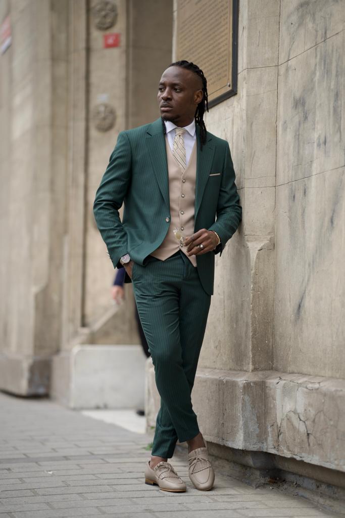 Sorento Green Slim Fit Pinstripe Combination Suit for Men