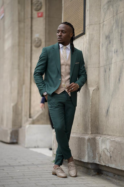 Sorento Green Slim Fit Pinstripe Combination Suit for Men