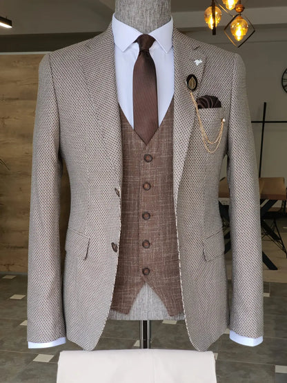 Acacia Beige Slim Fit Notch Lapel Suit - Three-Piece Elegance BOJONI
