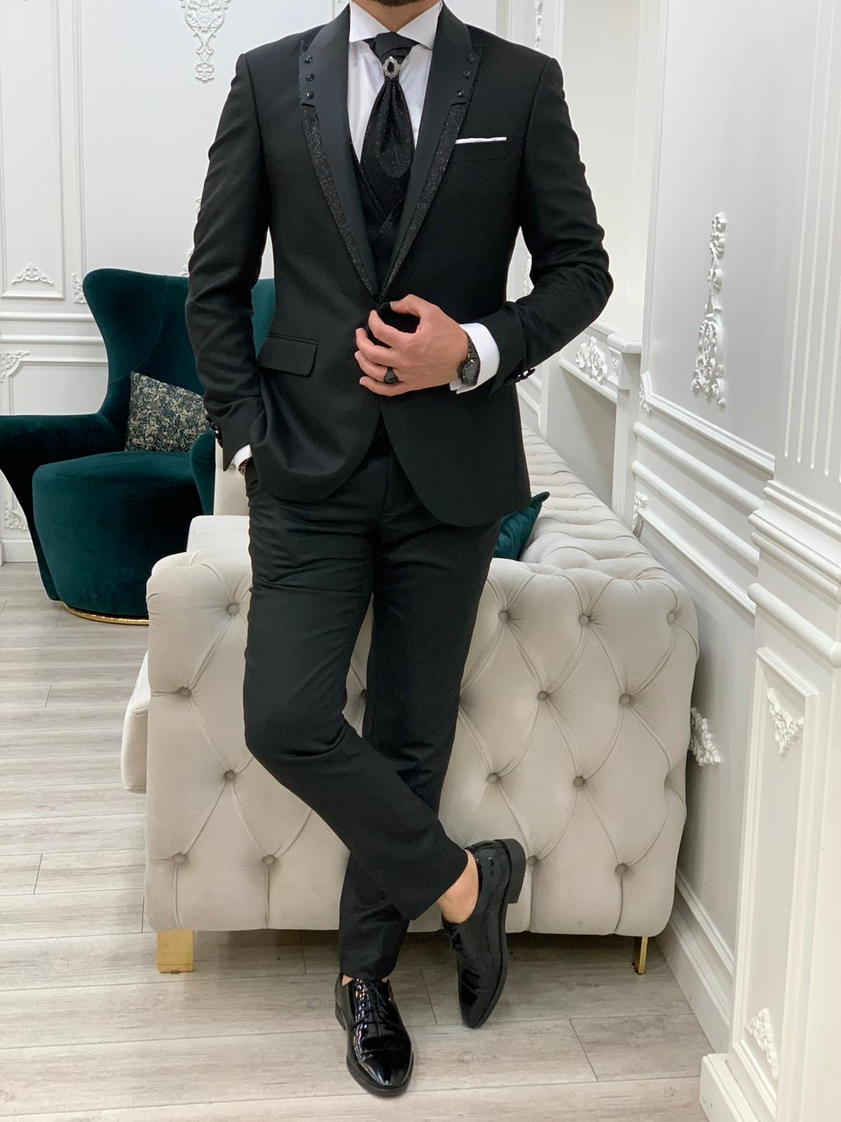Forte Black Slim Fit Glitter Peak Lapel Wedding Suit