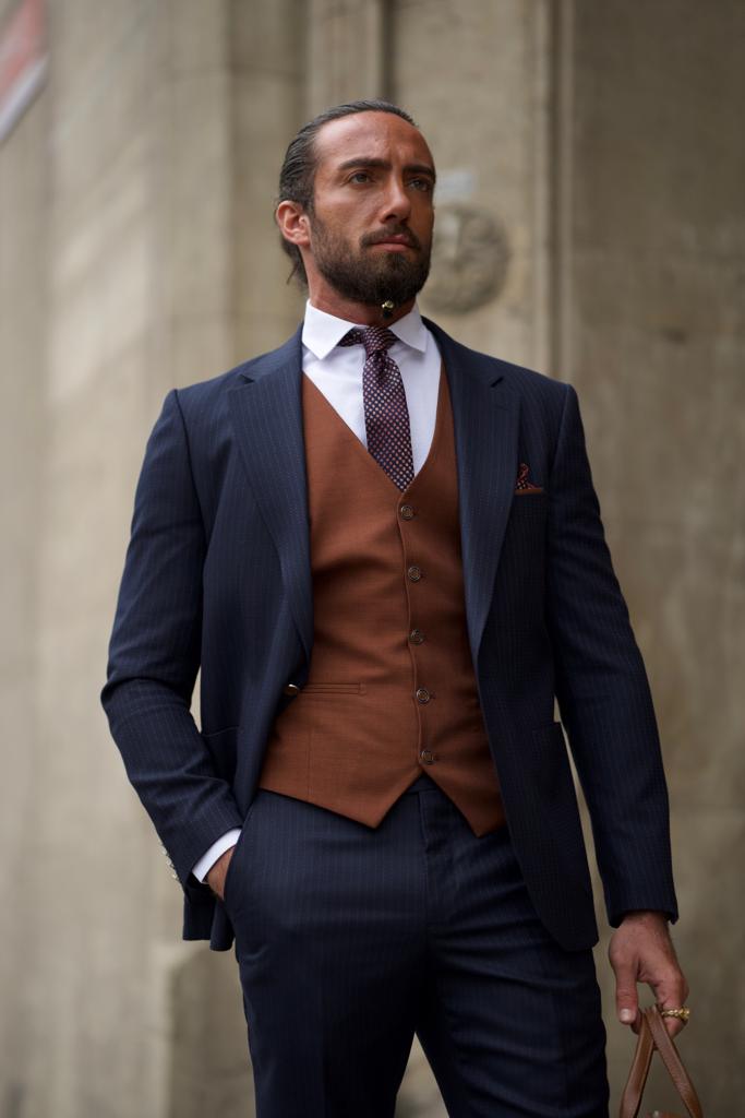 Sorento Dark Blue Slim Fit Pinstripe Combination Suit