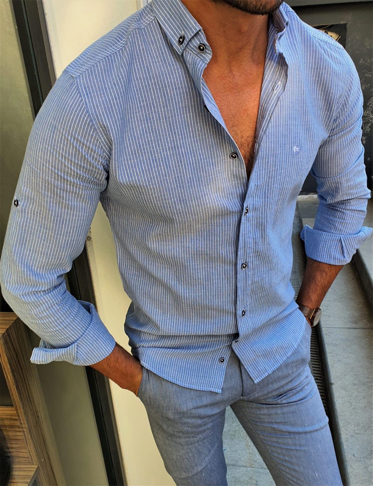 Brabion Stefano Blue Pinstripe Slim-Fit Shirt