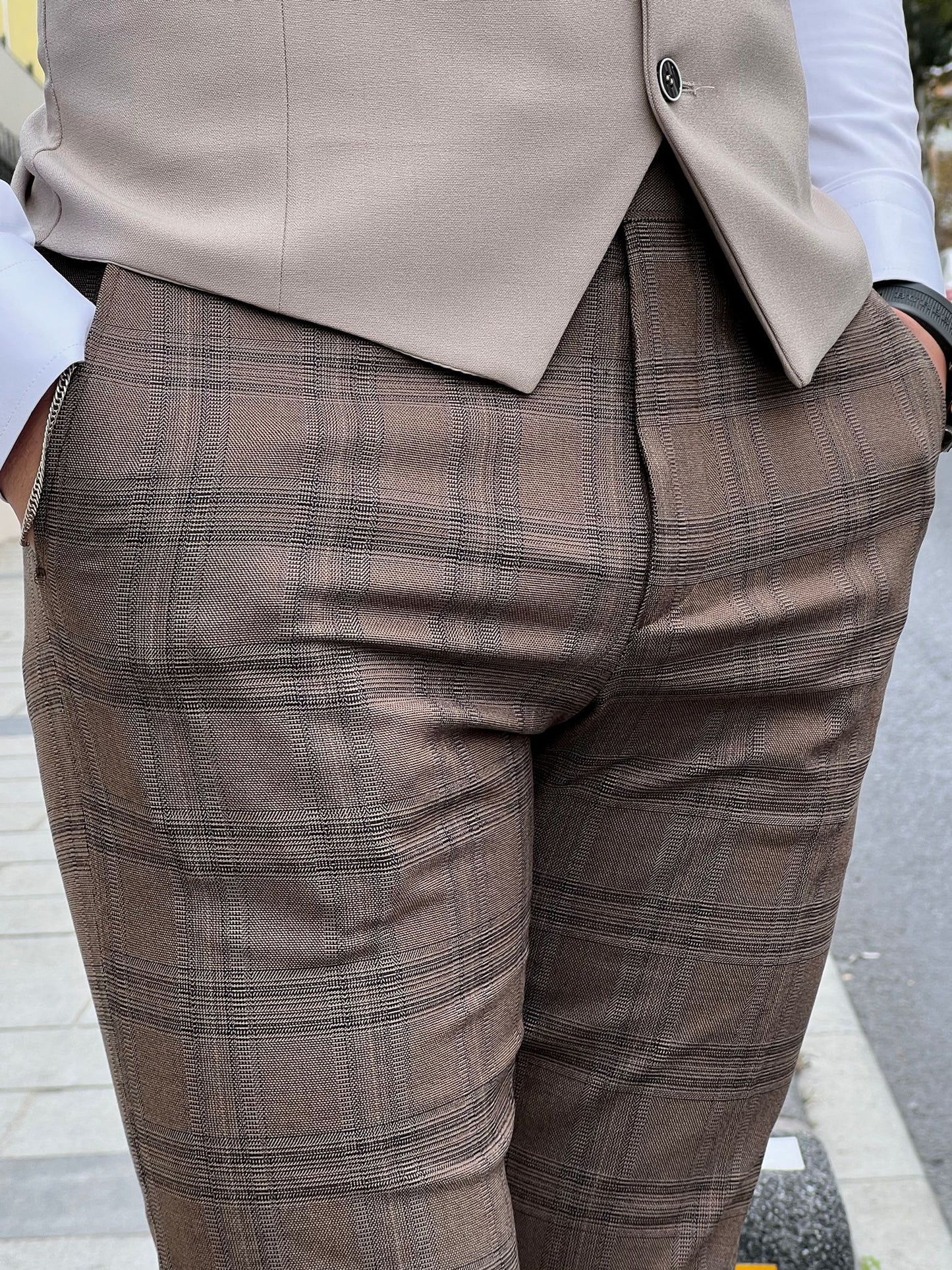 Fabio Brown Plaid Slim Fit Woolen Pants