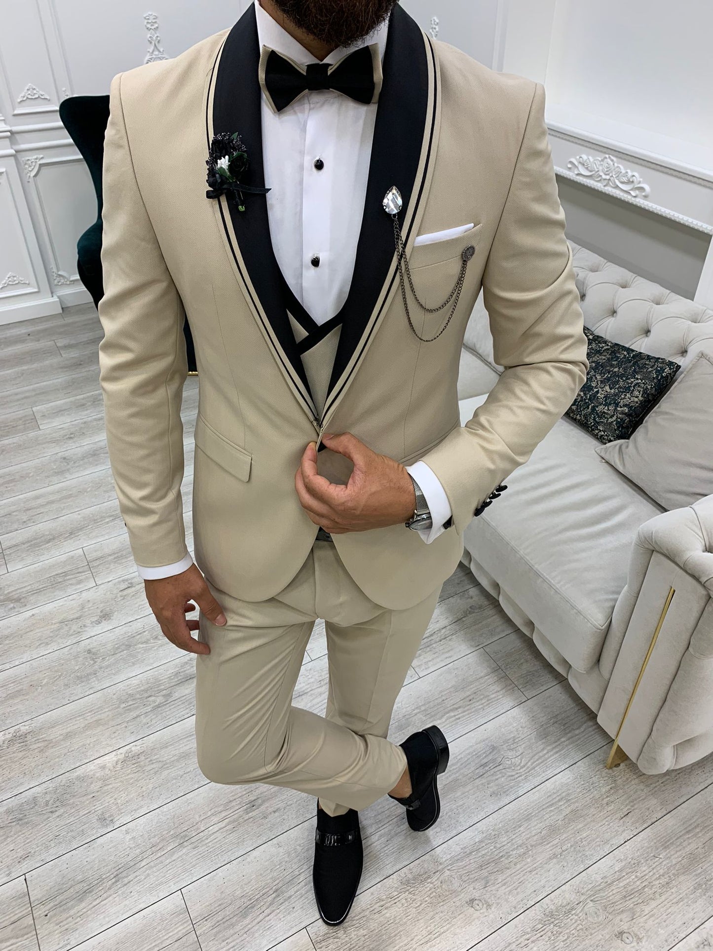 Infinite Beige Slim Fit Shawl Lapel Tuxedo