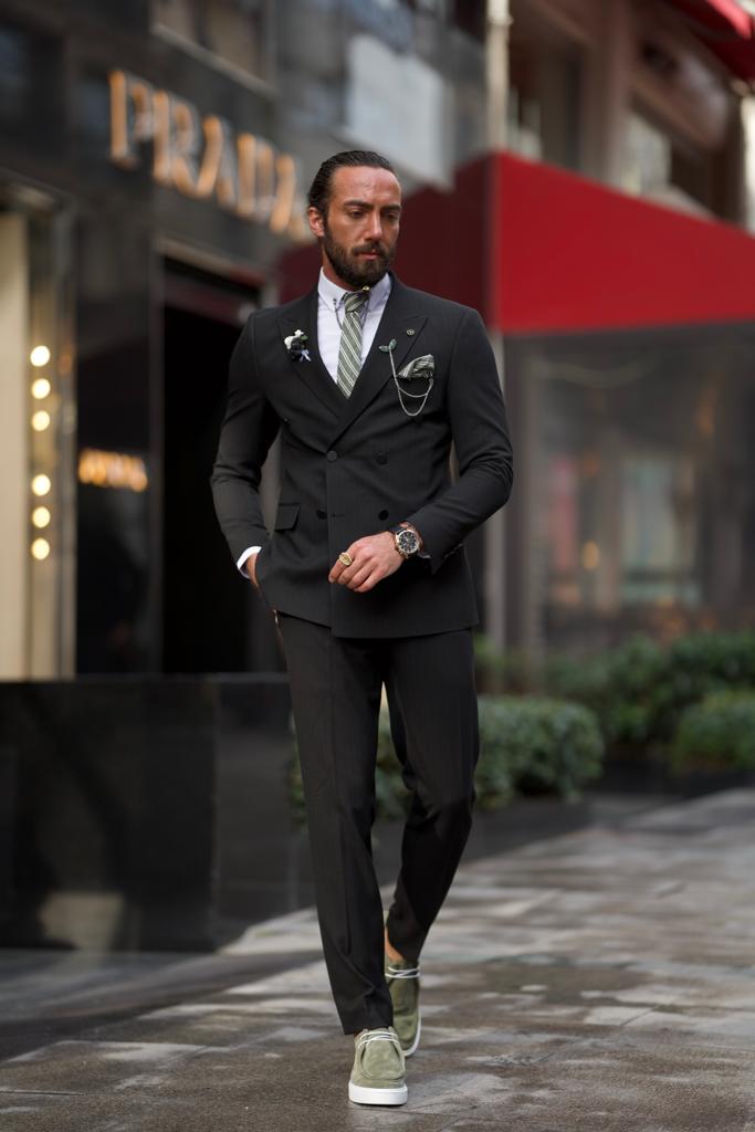 Sorento Black Slim Fit Double Breasted Pinstripe Suit