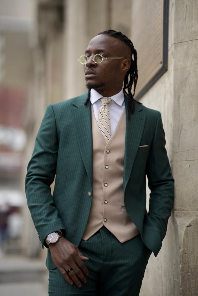Sorento Green Slim Fit Pinstripe Combination Suit for Men