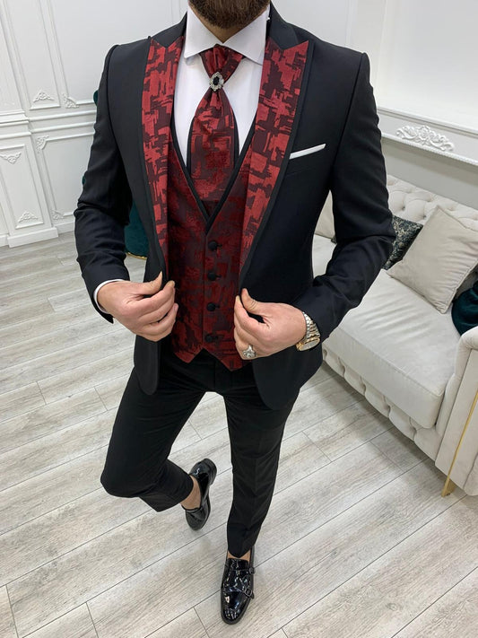 Paris Burgundy Black Slim Fit Peak Lapel Wedding Suit