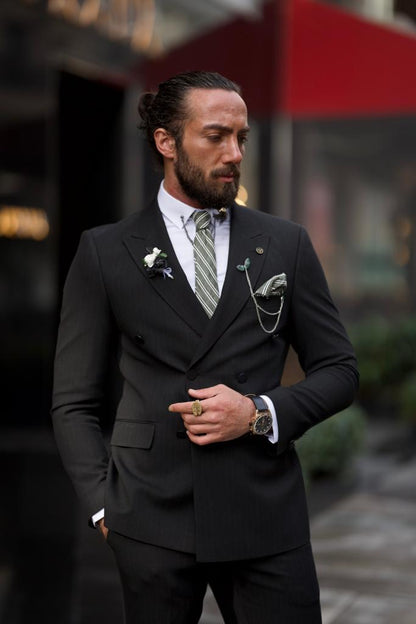 Sorento Black Slim Fit Double Breasted Pinstripe Suit
