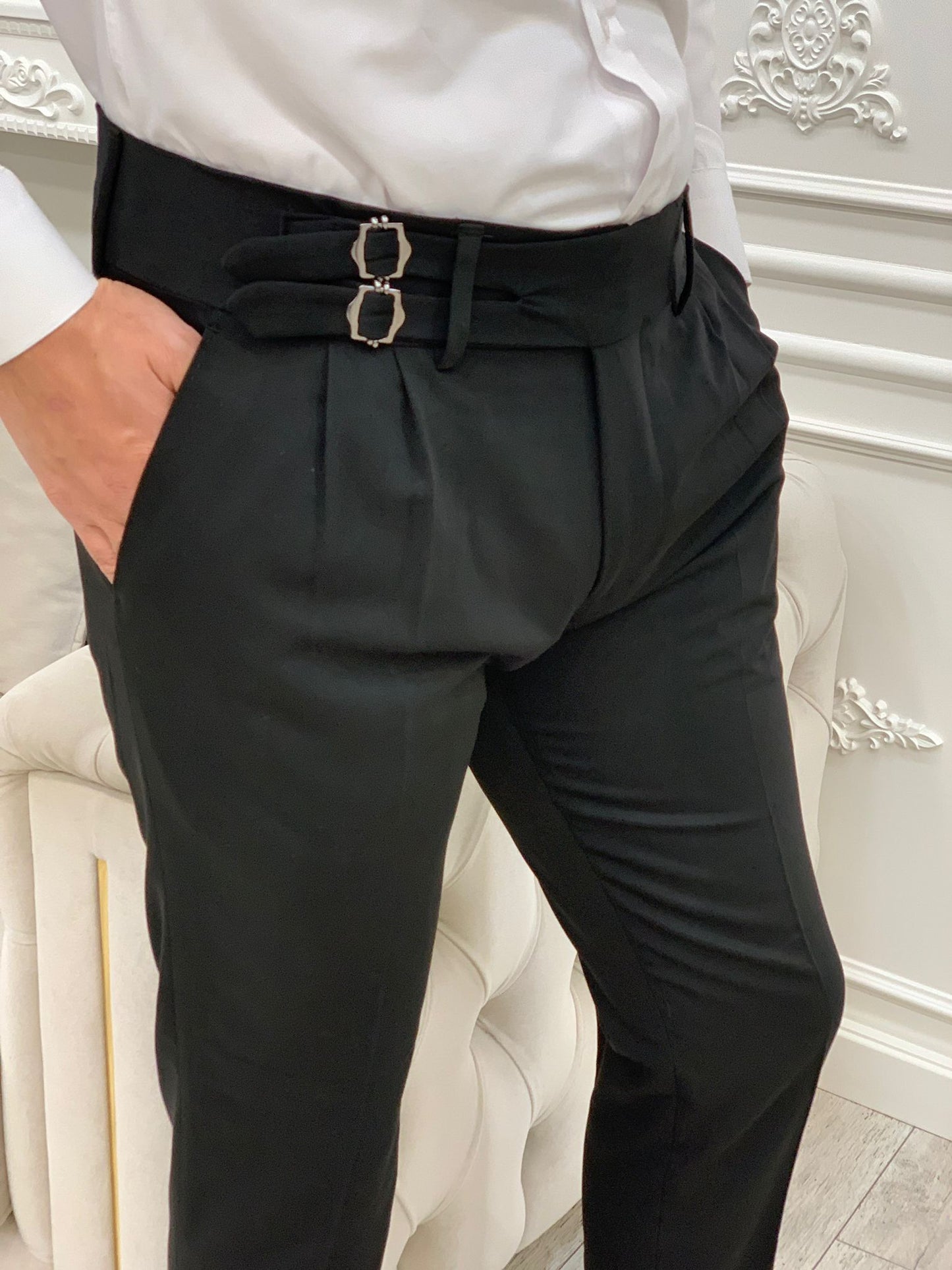 Black Buckled Canvas Trousers
