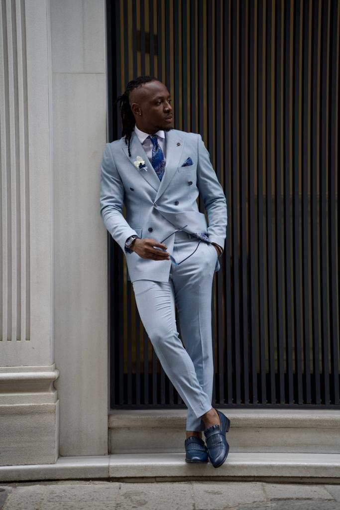 Sorento Sky Blue Slim Fit Double Breasted Linen Suit