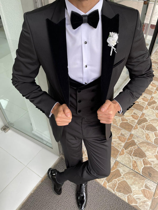 Capel Black Slim Fit Peak Lapel Wool Tuxedo - Elevate Your Formal Wardrobe