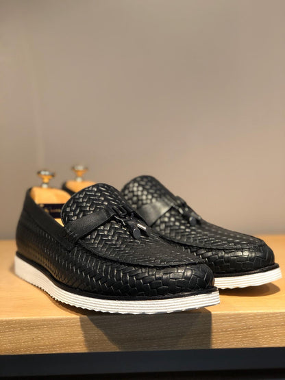 Odessa Black Woven Leather Tassel Loafer