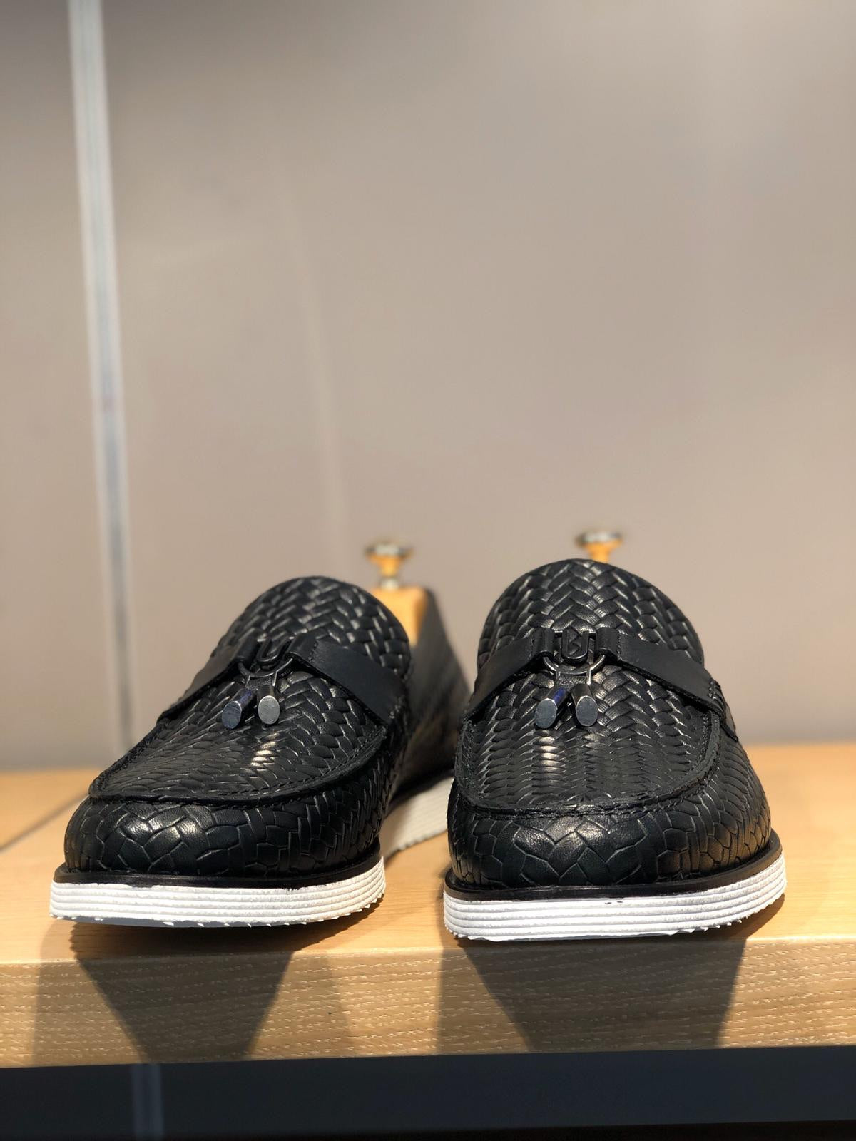 Odessa Black Woven Leather Tassel Loafer