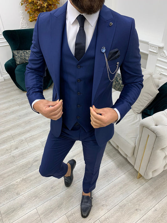 Vince Navy Blue Slim Fit Peak Lapel Suit - The Perfect Choice for Every Occasion BOJONI