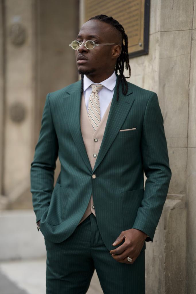 Sorento Green Slim Fit Pinstripe Combination Suit for Men