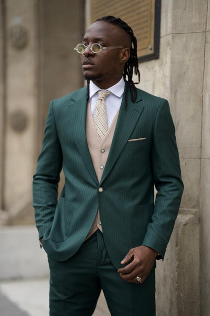 Sorento Green Slim Fit Pinstripe Combination Suit for Men