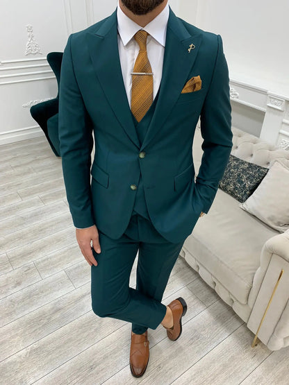 Amato Green Slim Fit Peak Lapel Suit - Versatile Three-Piece Elegance brabion