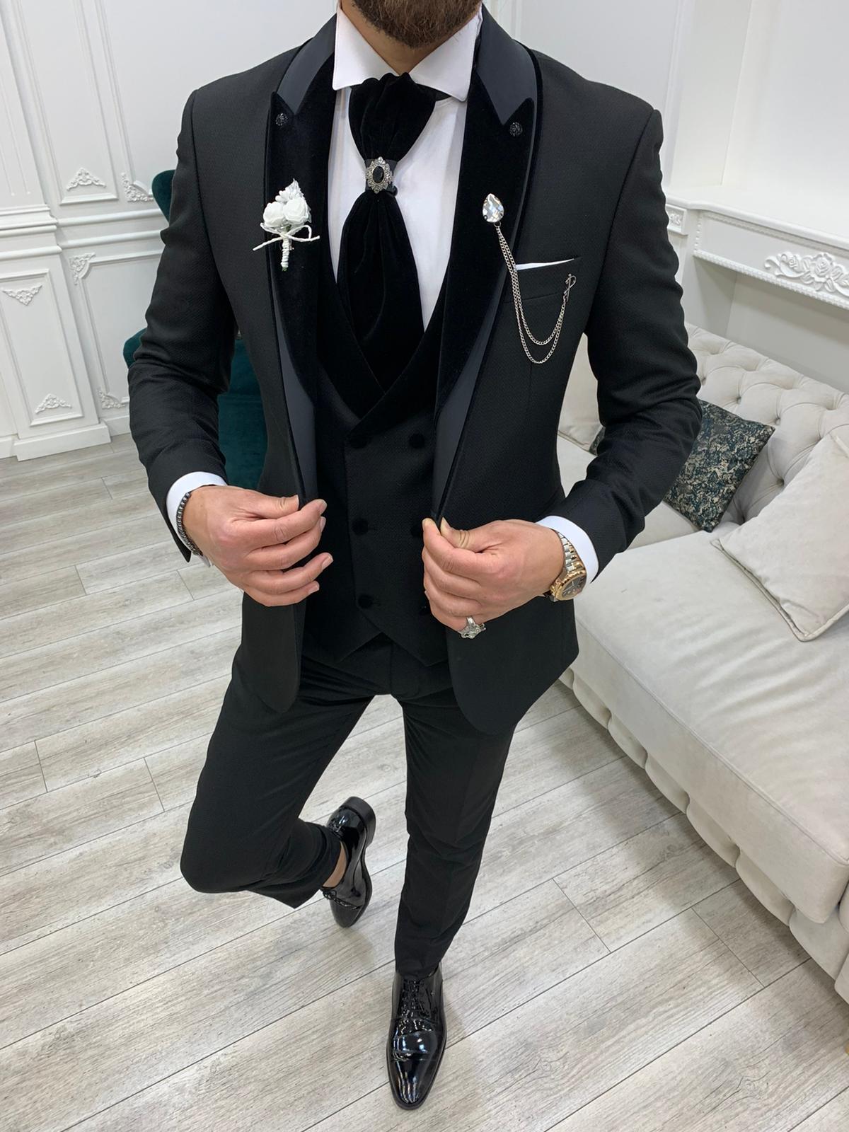 Forte Black Slim Fit Velvet Peak Lapel Wedding Suit