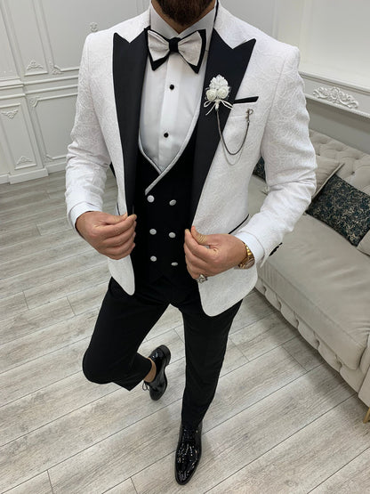Caesar White Slim Fit Peak Lapel Floral Patterned Tuxedo