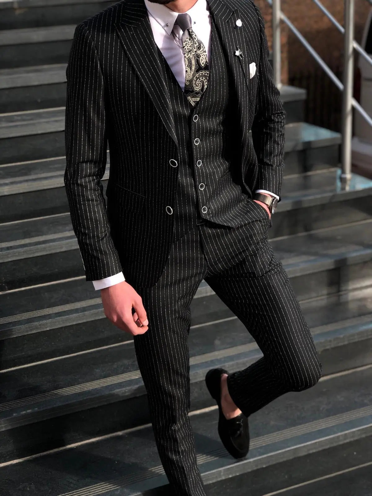 Bernard Black Striped Slim Fit Suit for Modern Men Brabion