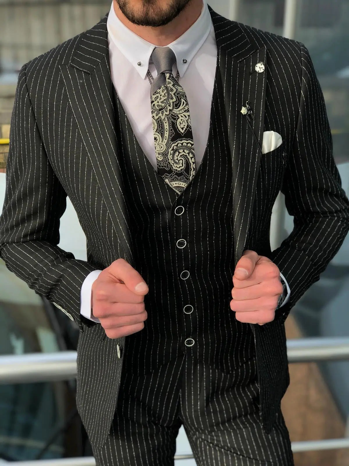 Bernard Black Striped Slim Fit Suit for Modern Men Brabion